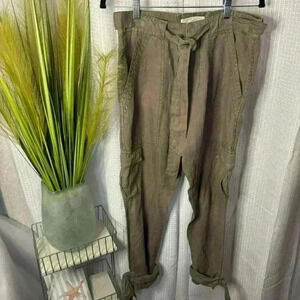 Joie Women’s 2 Brown 100% Linen Crop Capris Ankle Ties Beach Hobo Cargo Pants